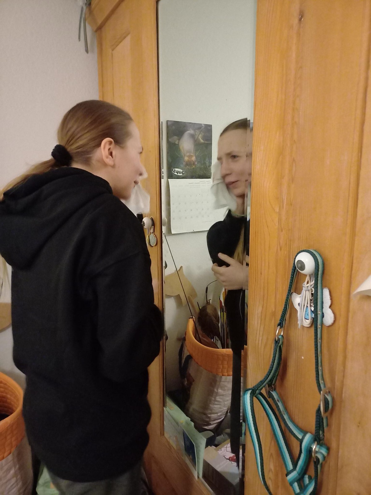 Merle vor dem Spiegel, Halfter an der Tür